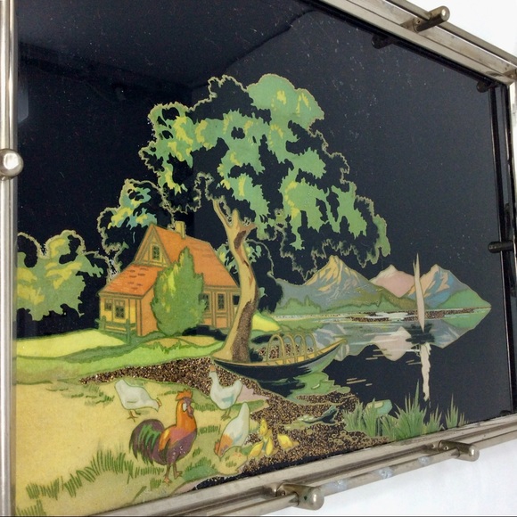 Incredible reverse painted tray with silver trim and handles. - Picture 4 of 14